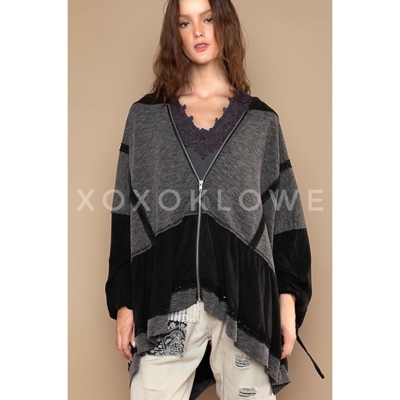 POL Black & Gray Zip Up Hoodie Lace Trim Oversized Slouchy Fit - Picture 1 of 11